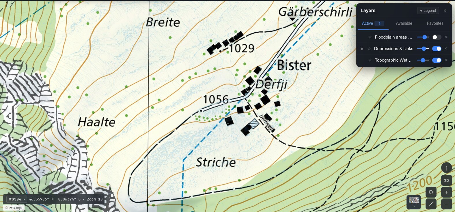 firntec-GIS: physikbasierte Hydrologie-Layer (Senken, Vernässung) über der Gemeinde Bister